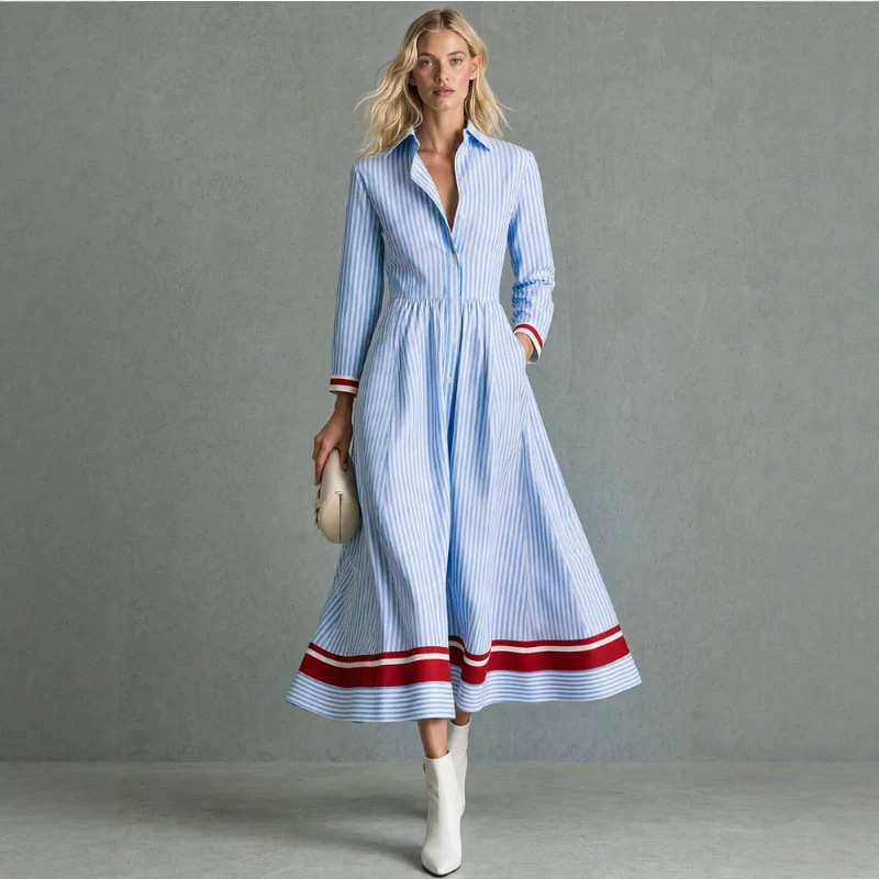 Retro Color-Block Blue Striped Long Sleeve Dress