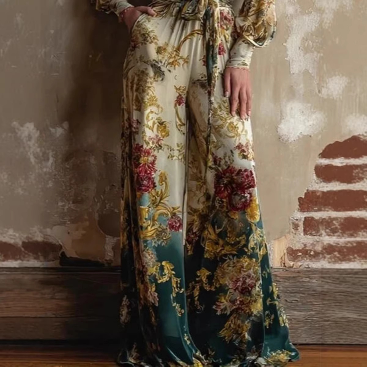 Women's Deep V Lantern Sleeve Floral Print Tie Wide Leg Jumpsuit