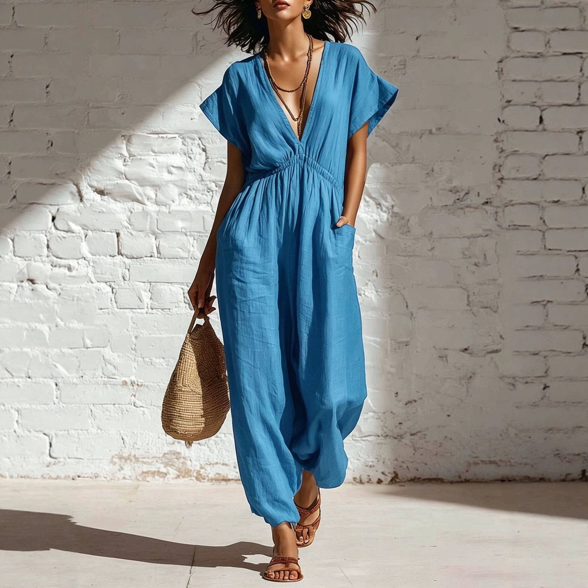 Women's Summer Deep V-Neck Wide-Leg Jumpsuit with Waist Tie Streetwear