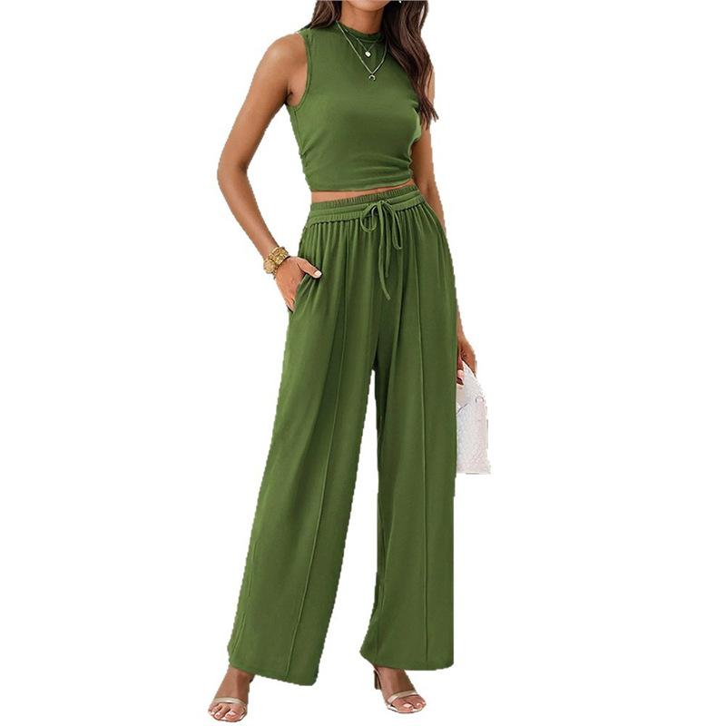 Sleeveless Knit Two-Piece Set with Fitted Top and Wide-Leg Pants