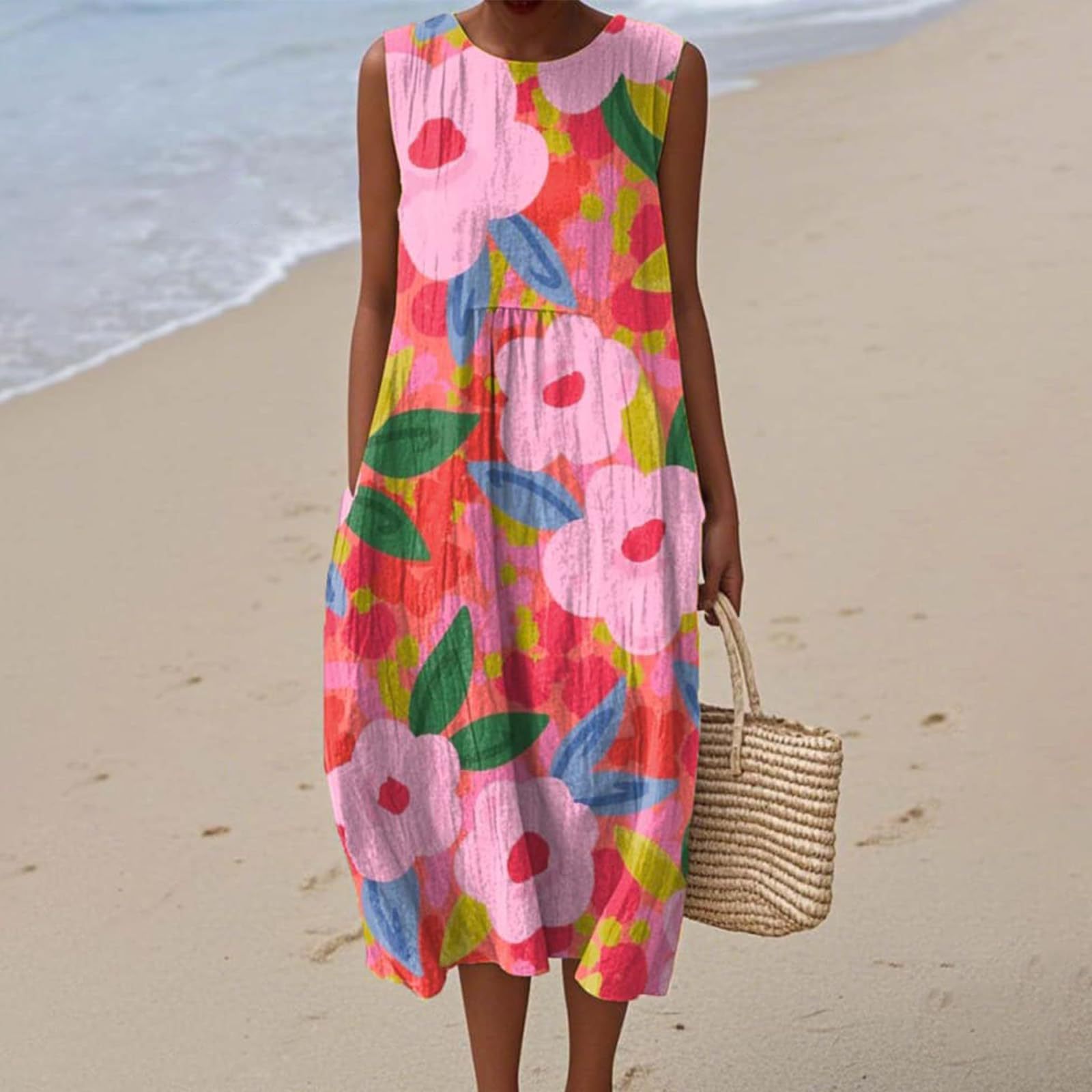 Women's Vintage Floral Print Midi Dress Sleeveless Round Neck Slim Fit