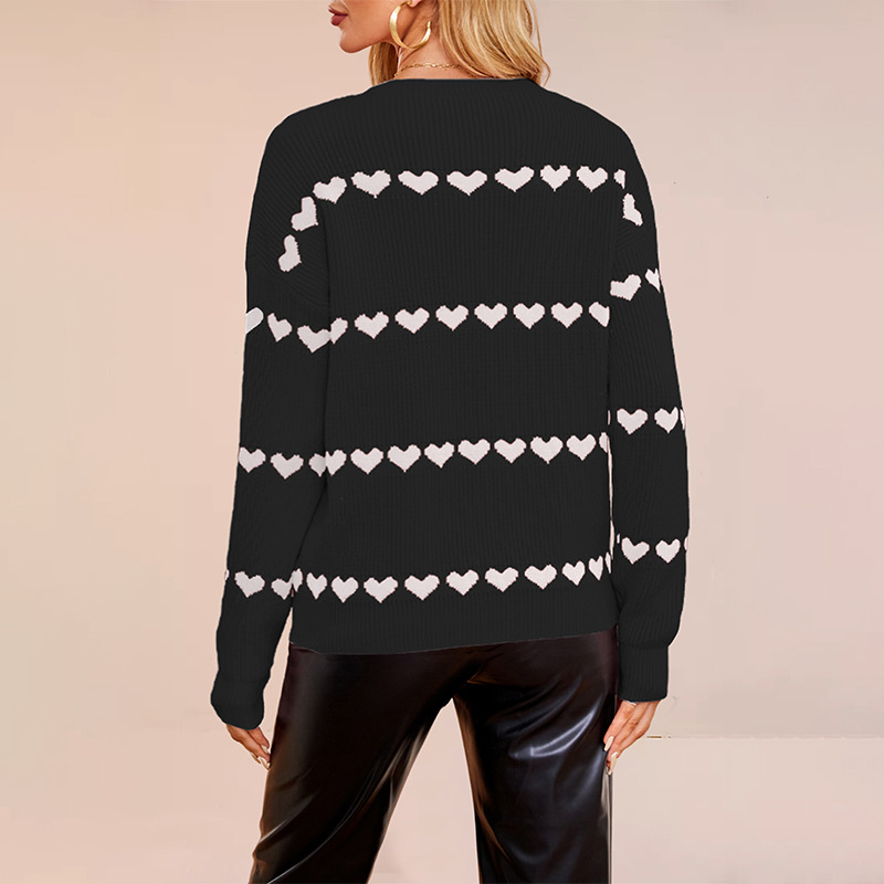 Heart Print Pullover Knit Sweater Oversized Crew Neck Long Sleeve