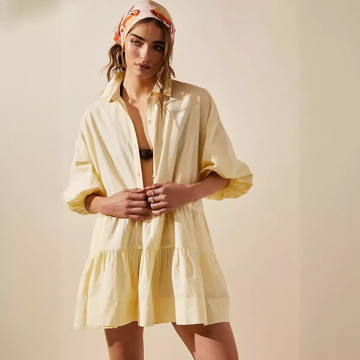 Solid Color Half-Sleeve Collared Shirt Dress