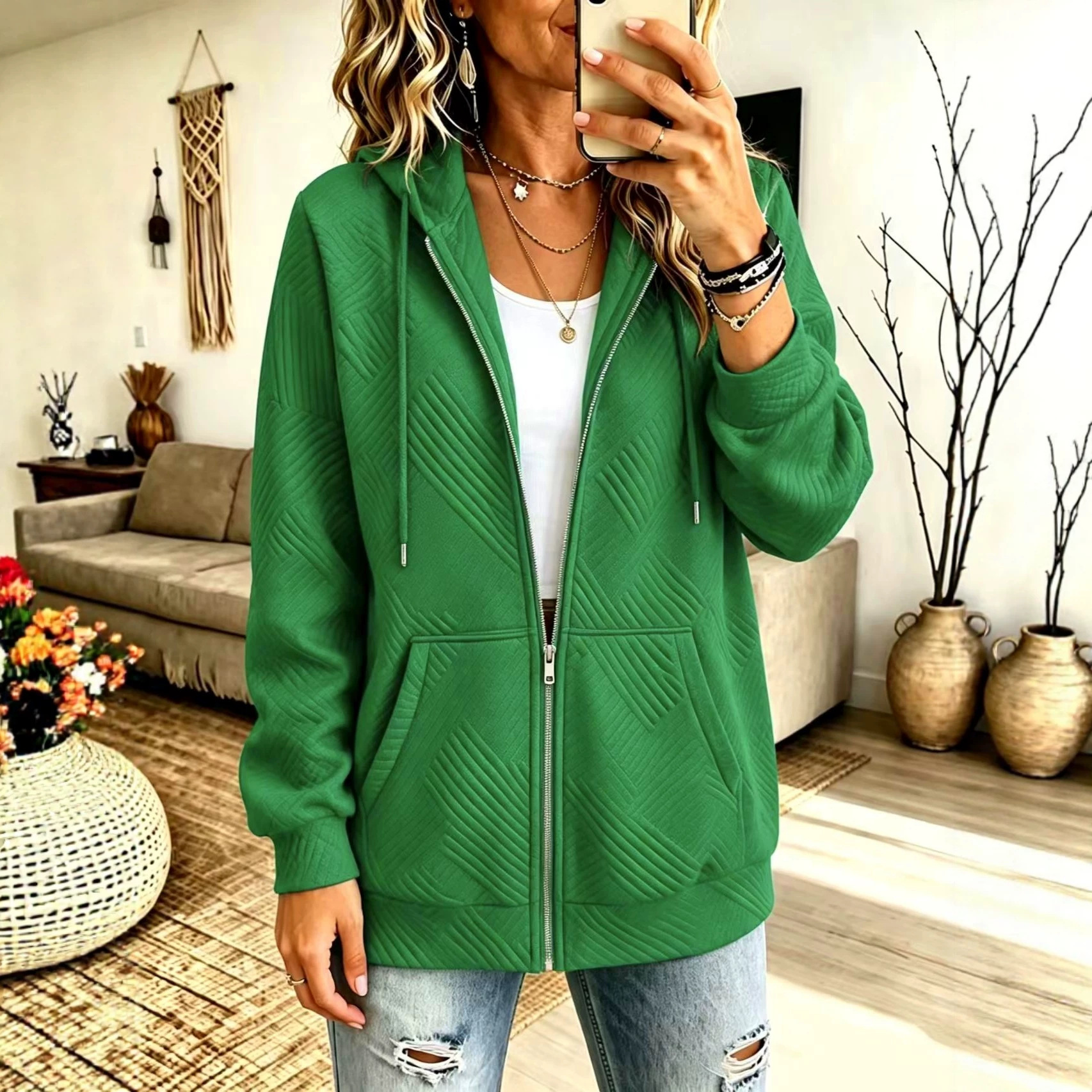Plus Size Solid Color Hooded Zip-Up Loose Fit Women's Sweatshirt