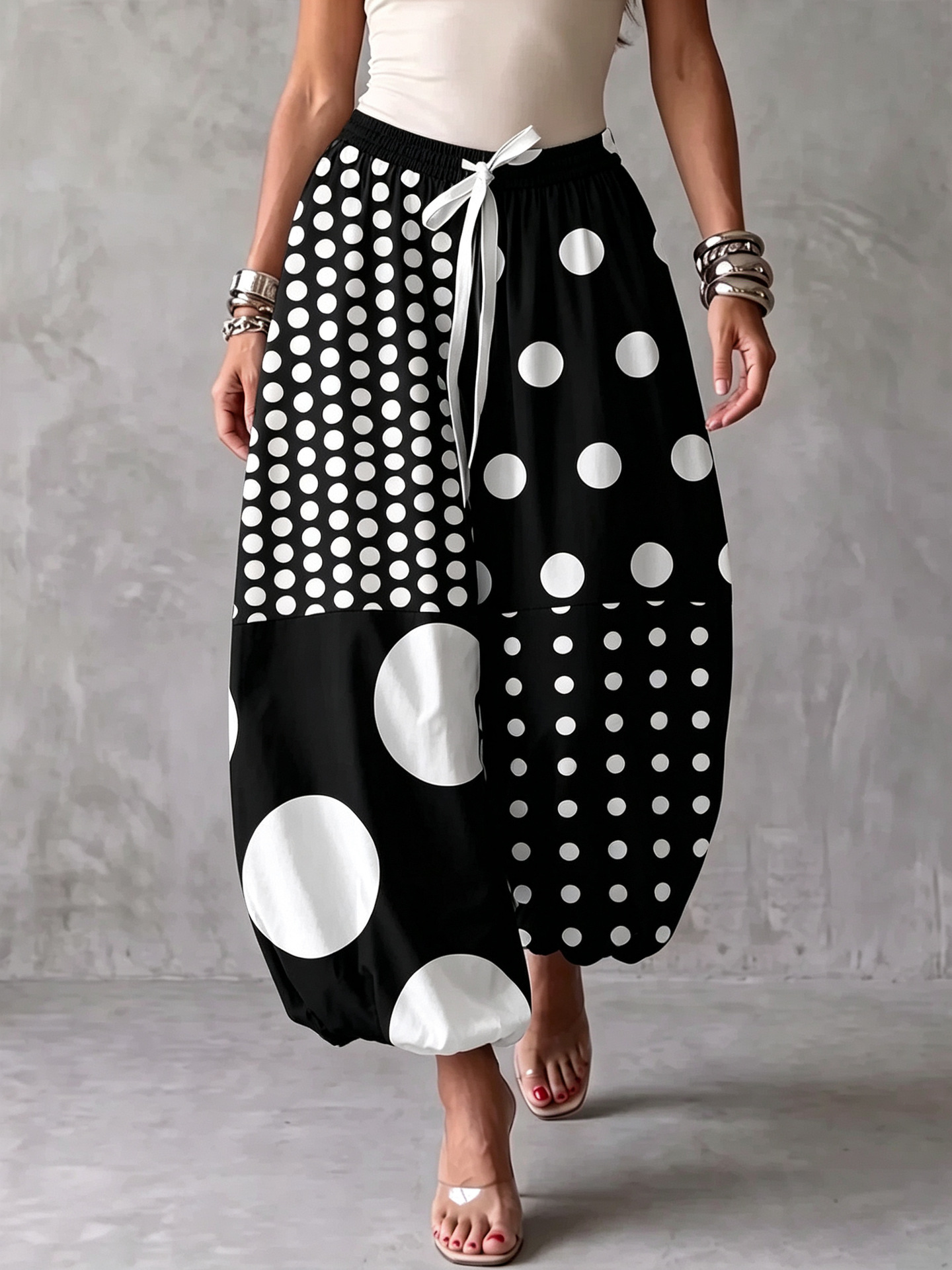 Asymmetric Polka Dot Print Drawstring Jogger Pants