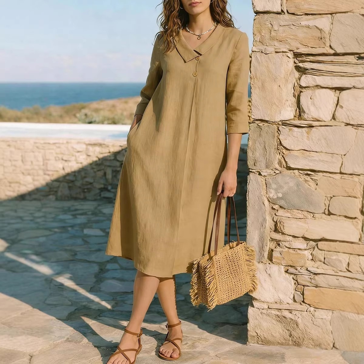 Women's Summer Solid Color French Collar Midi Dress