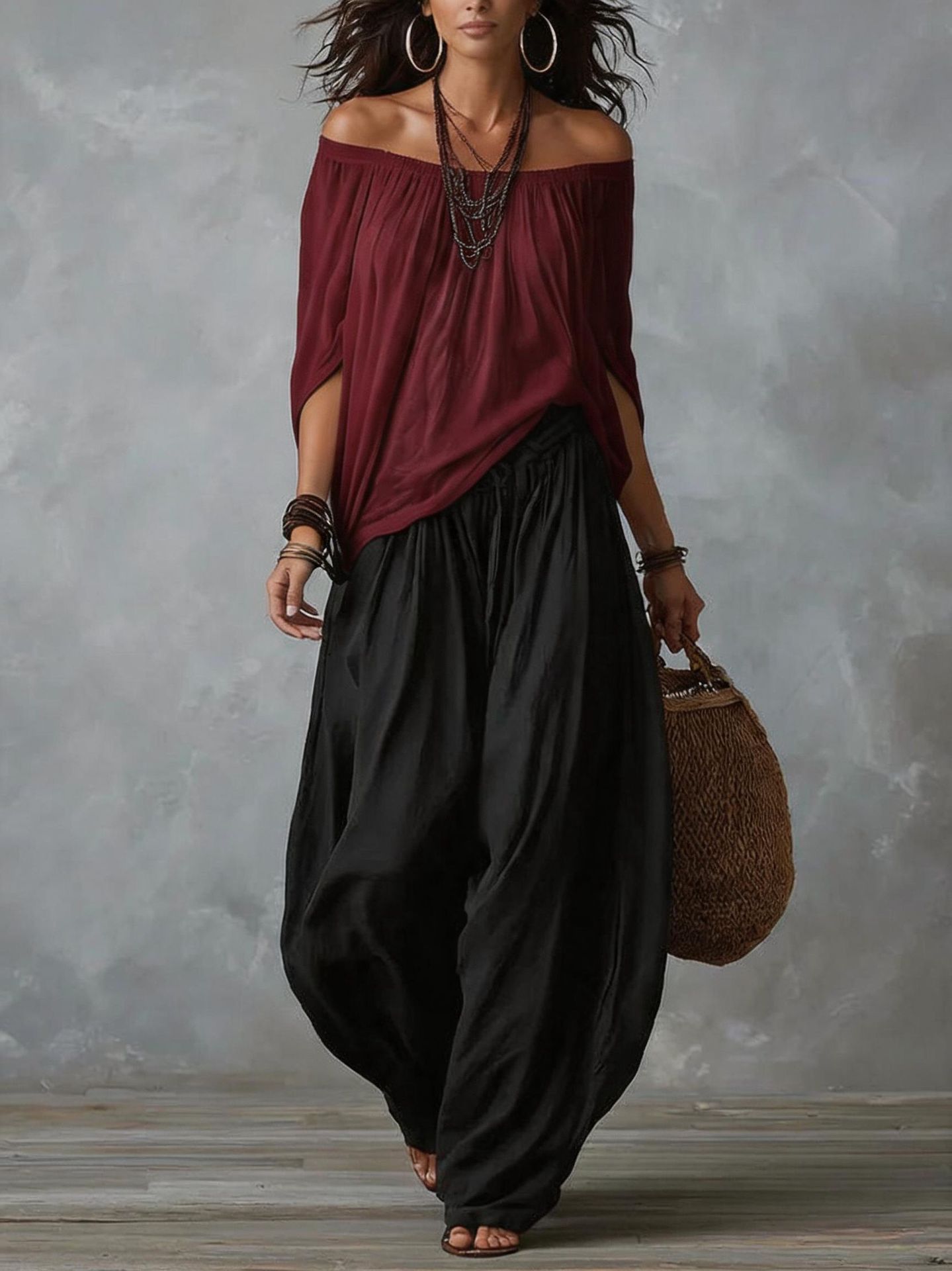 Women's Casual Solid Off-Shoulder Top and Lantern Pants Set