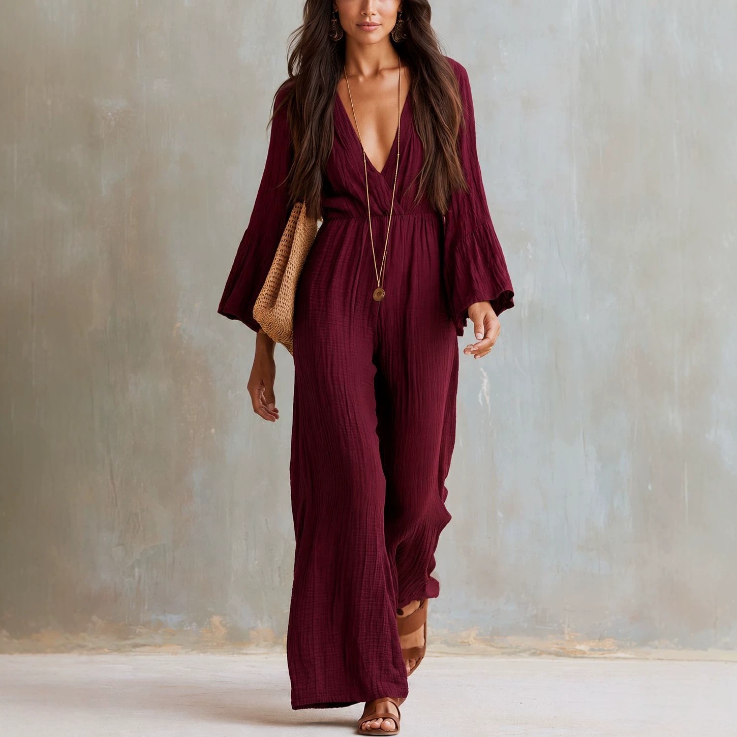 Boho V-Neck Long Sleeve Wide Leg Jumpsuit