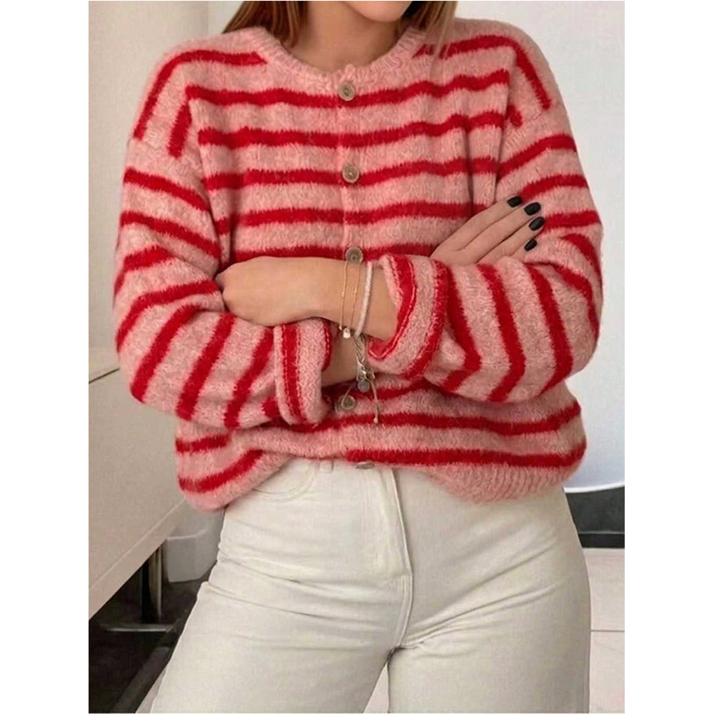 Striped Button-Front Knit Cardigan