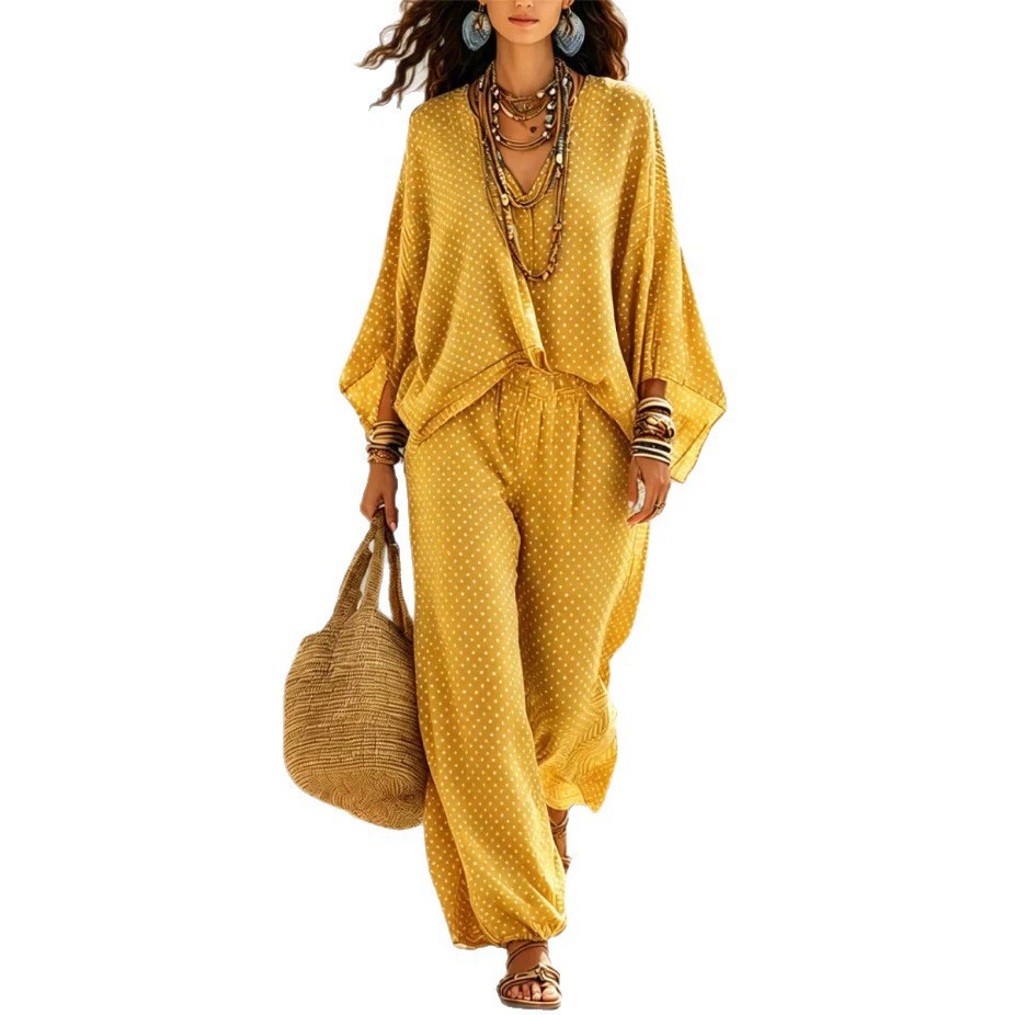 Women's Artistic Two-Piece Set with Crew Neck, Batwing Sleeves, and Wide-Leg Pants