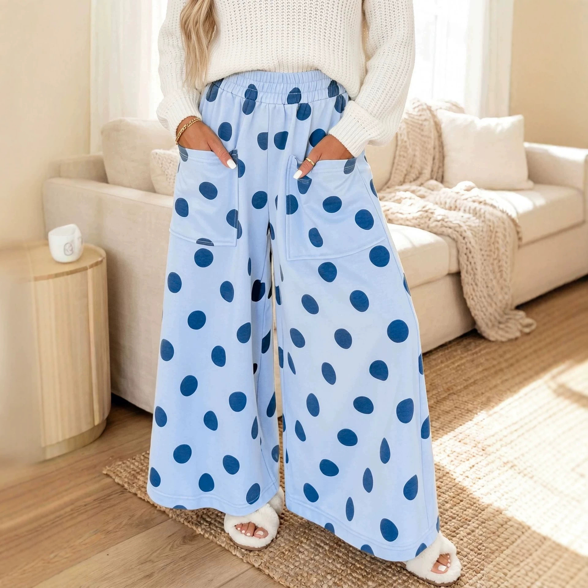 High-Waist Polka Dot Wide-Leg Pants with Pockets