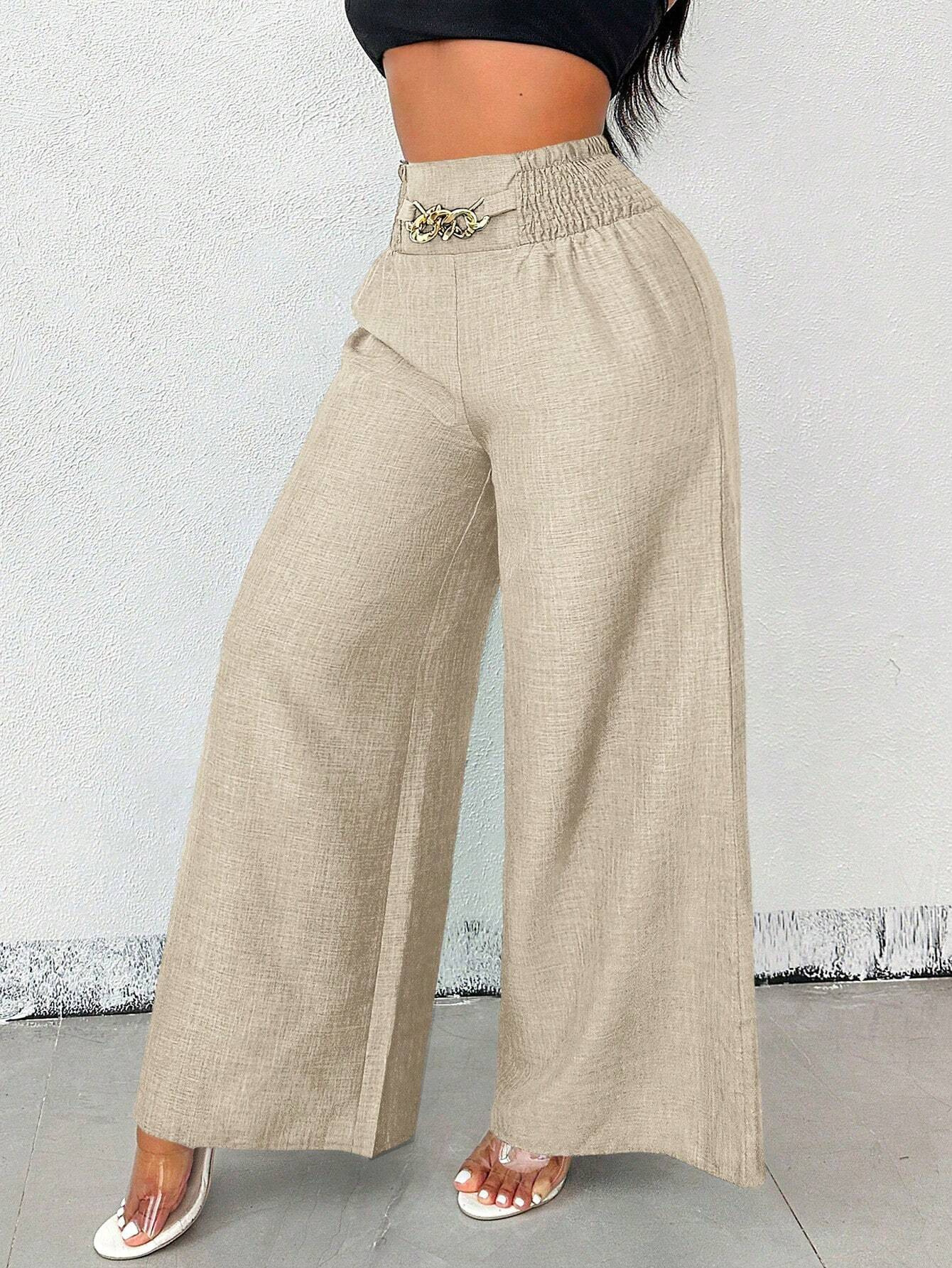 Women's High-Waist Wide-Leg Pants with Elastic Waist and Chain Detail