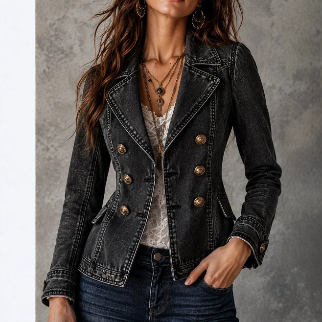 Retro Washed Denim Double-Breasted Collared Jacket