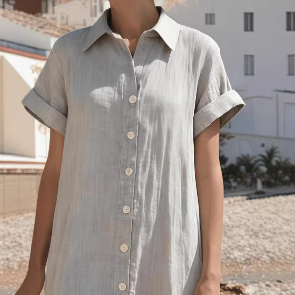 Women's Short Sleeve Long Shirt Dress Loose Relaxed Collared