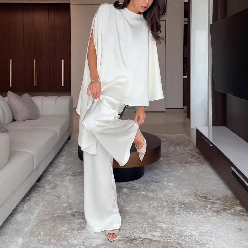 Satin Draped Two-Piece Set with Shawl Top and Wide-Leg Pants