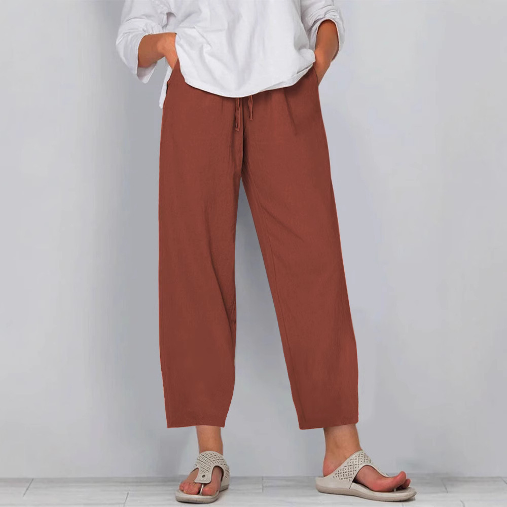 Women's Cotton-Linen Wide-Leg Pants with Elastic Waist Solid Color Casual Long Pants