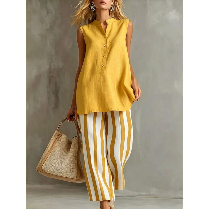 Women's Sleeveless Shirt and Striped Wide-Leg Pants Two-Piece Set