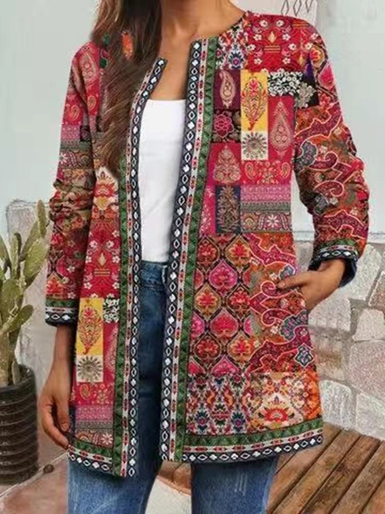 Vintage Ethnic Print Long Sleeve Open-Front Jacket Cardigan for Women