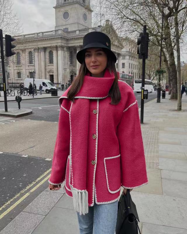 Women's Fringe Wool-Blend Coat with Scarf, Loose Fit