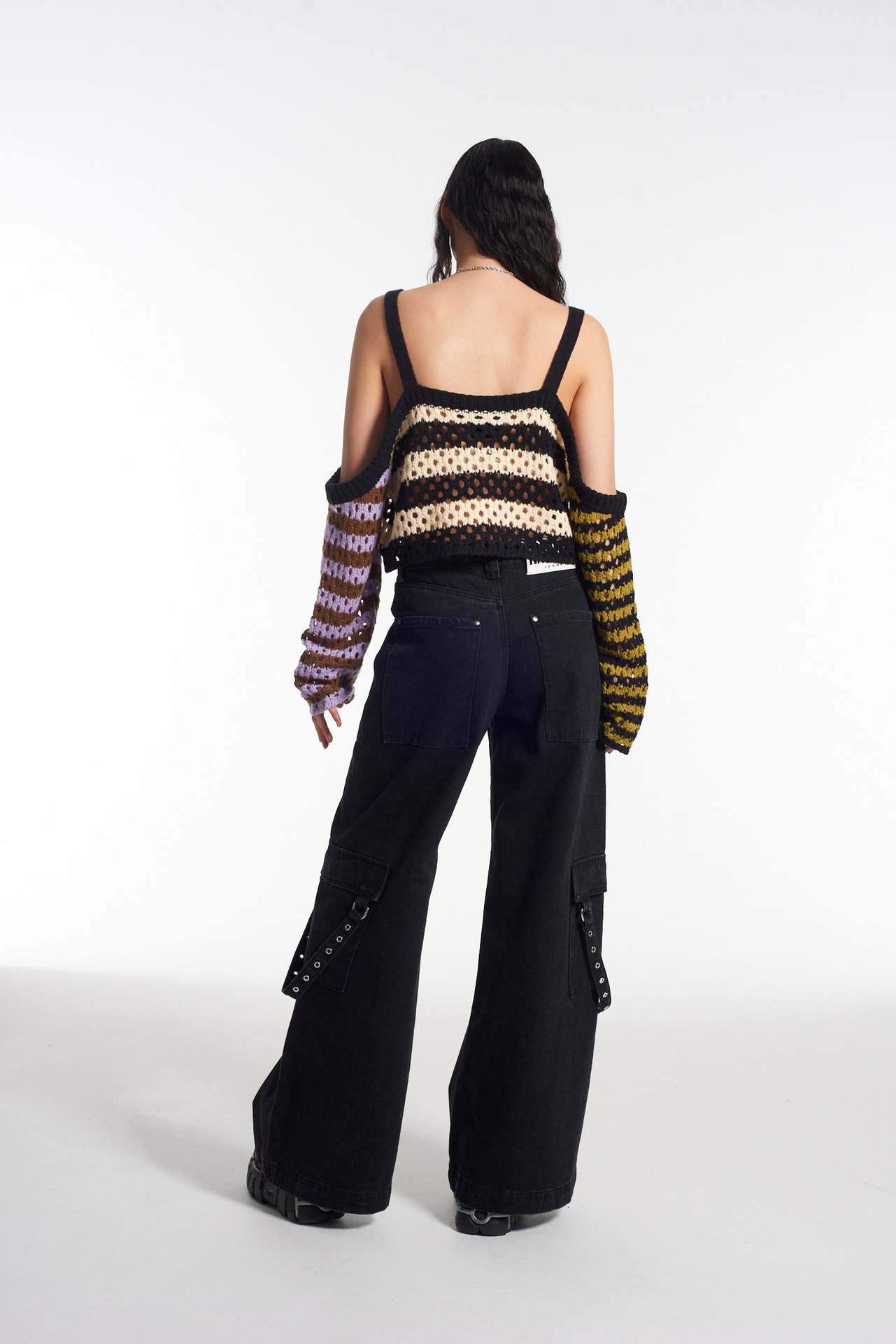 Off-Shoulder Striped Colorblock Cutout Crop Knit Cami Top