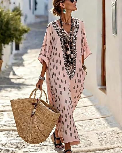 Women's Floral Polka Dot Print Midi Dress Deep V-Neck Five-Sleeve Slim Fit Casual