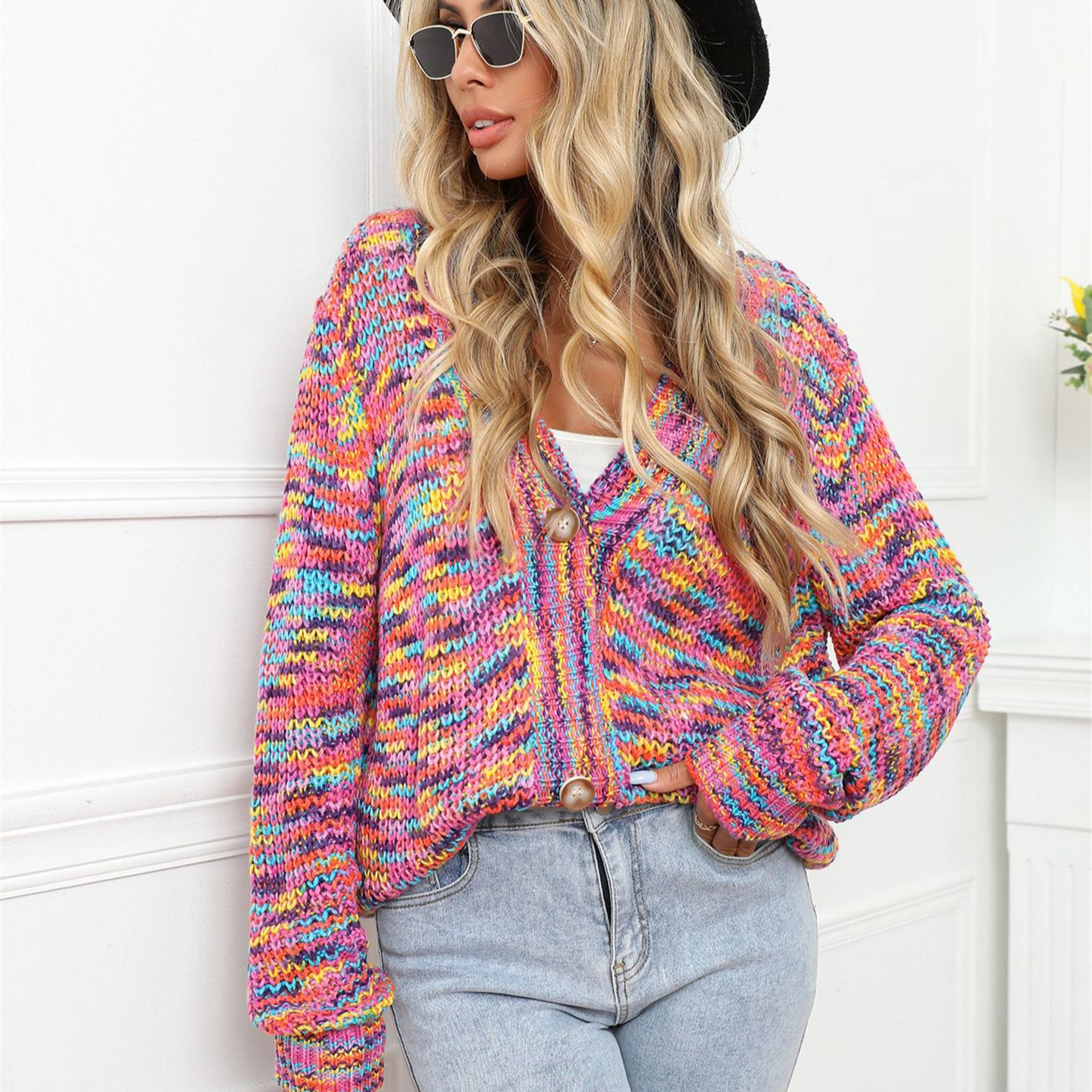 Rainbow Colorblock Short Cardigan Knit Button-Front Plus Size