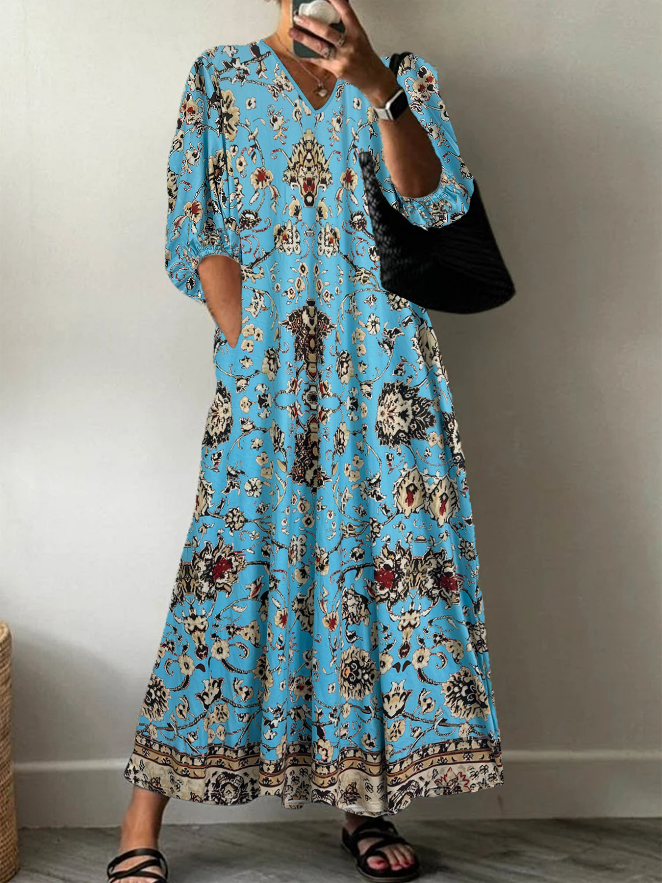 Women's V-Neck Floral Midi Dress Casual Long A-Line