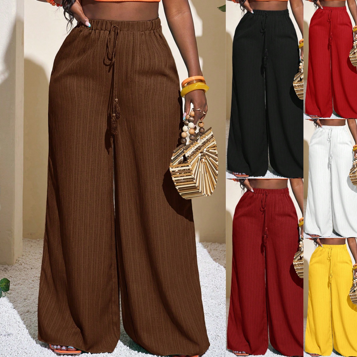 Women's High-Waist Wide-Leg Pants Casual Solid Color Drawstring