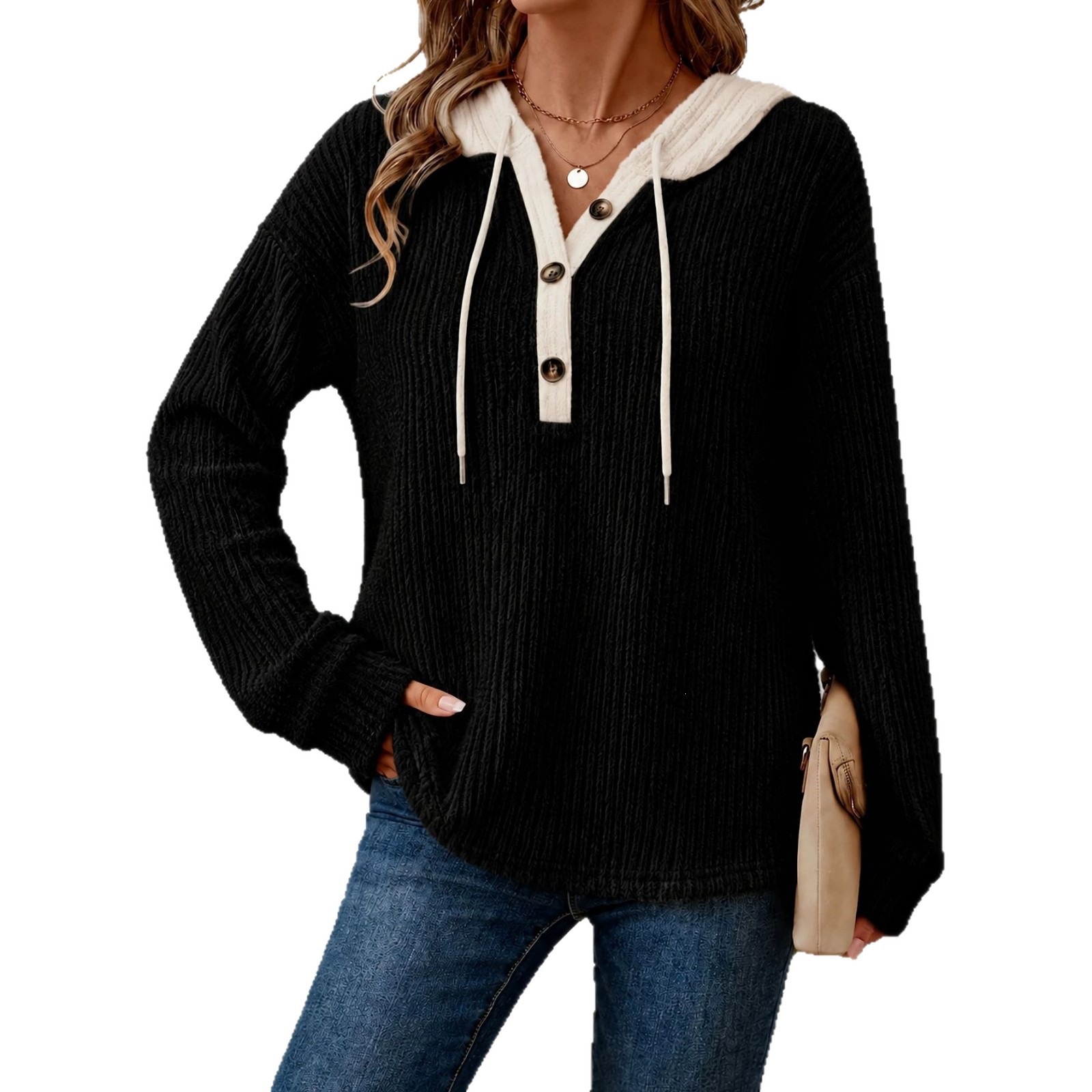 Women's Loose V-Neck Button Drawstring Hooded Casual Top