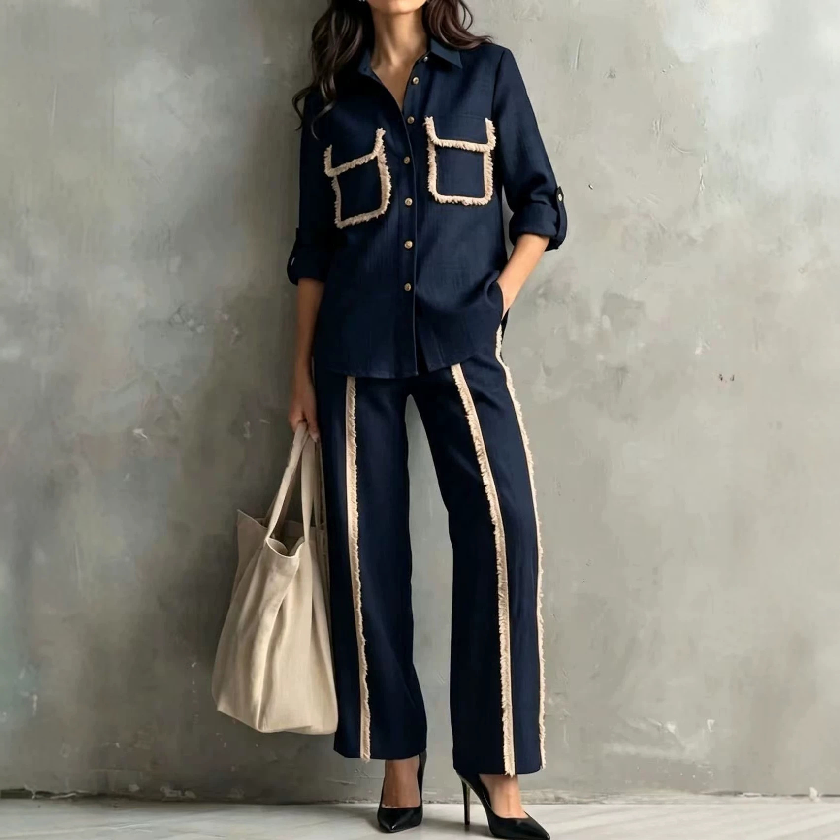 Minimalist Cropped Button Pocket Fringe Two-Piece Women's Set