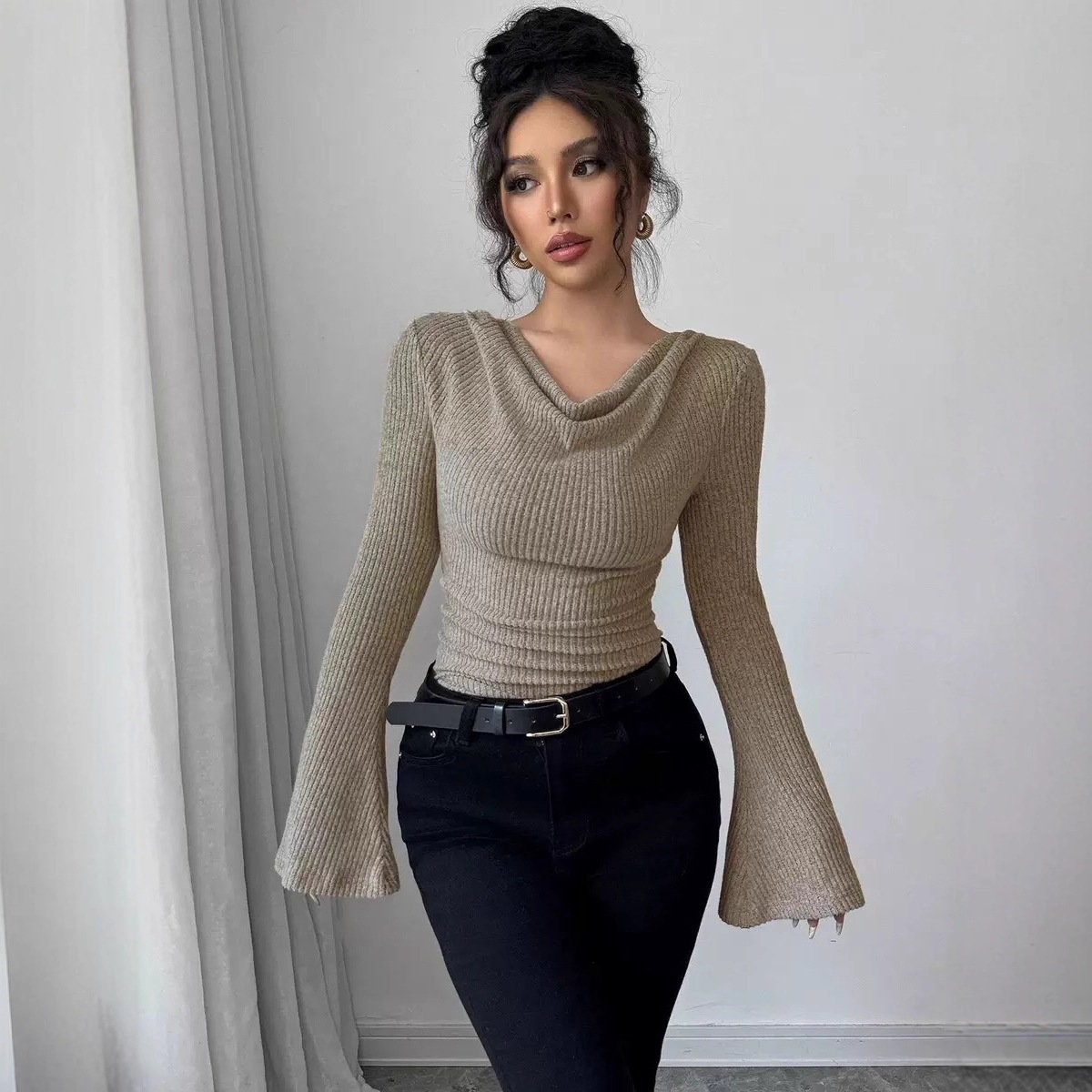 Ribbed Off-Shoulder Slim Fit Knit Long Sleeve Top