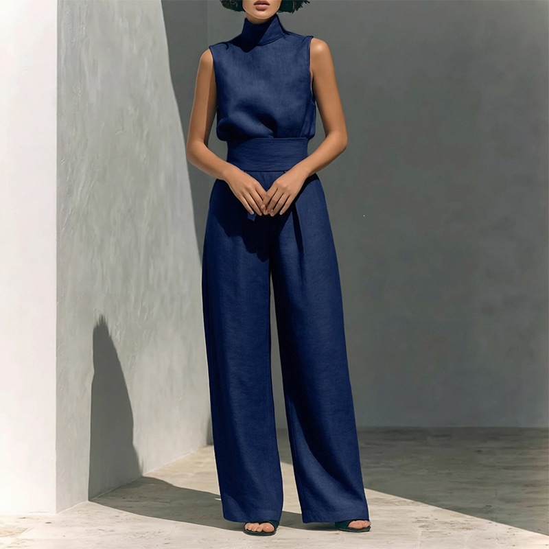 Women's Sleeveless High Neck Top and Straight Leg Pants Casual Set