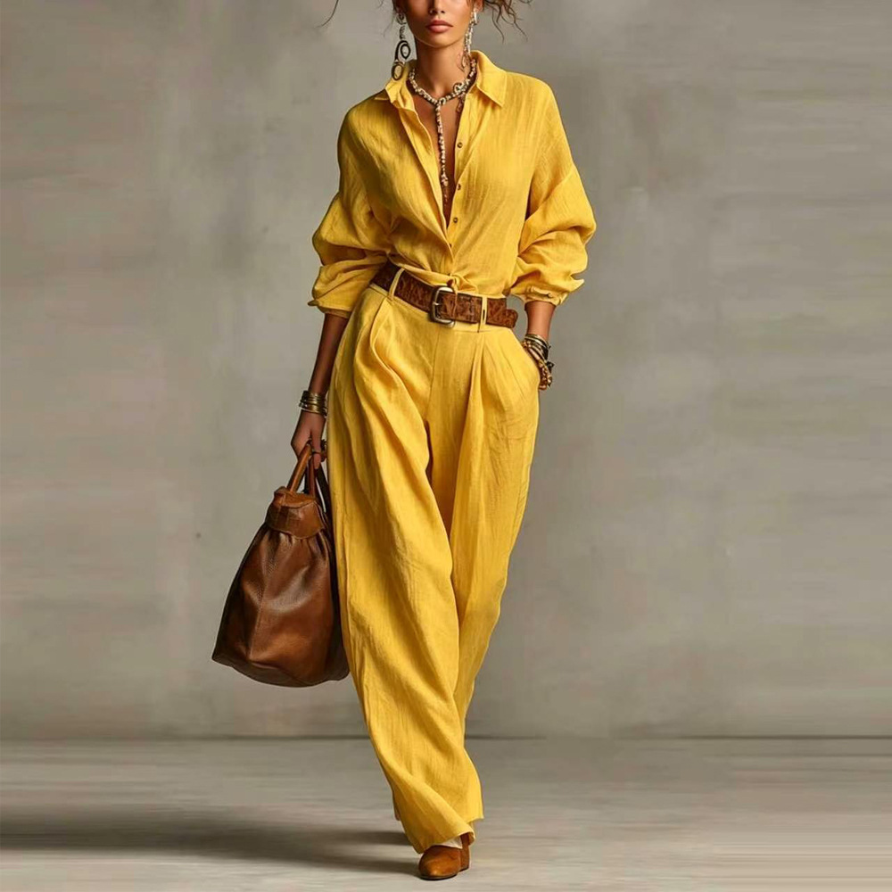 Women's Solid Color Long Sleeve Button Pocket Shirt and Pants Set