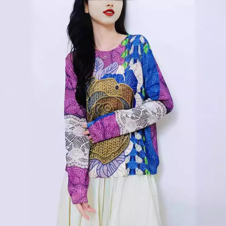 Women's 3D Jacquard Colorblock Knit Pullover Sweater Long Sleeve Crew Neck