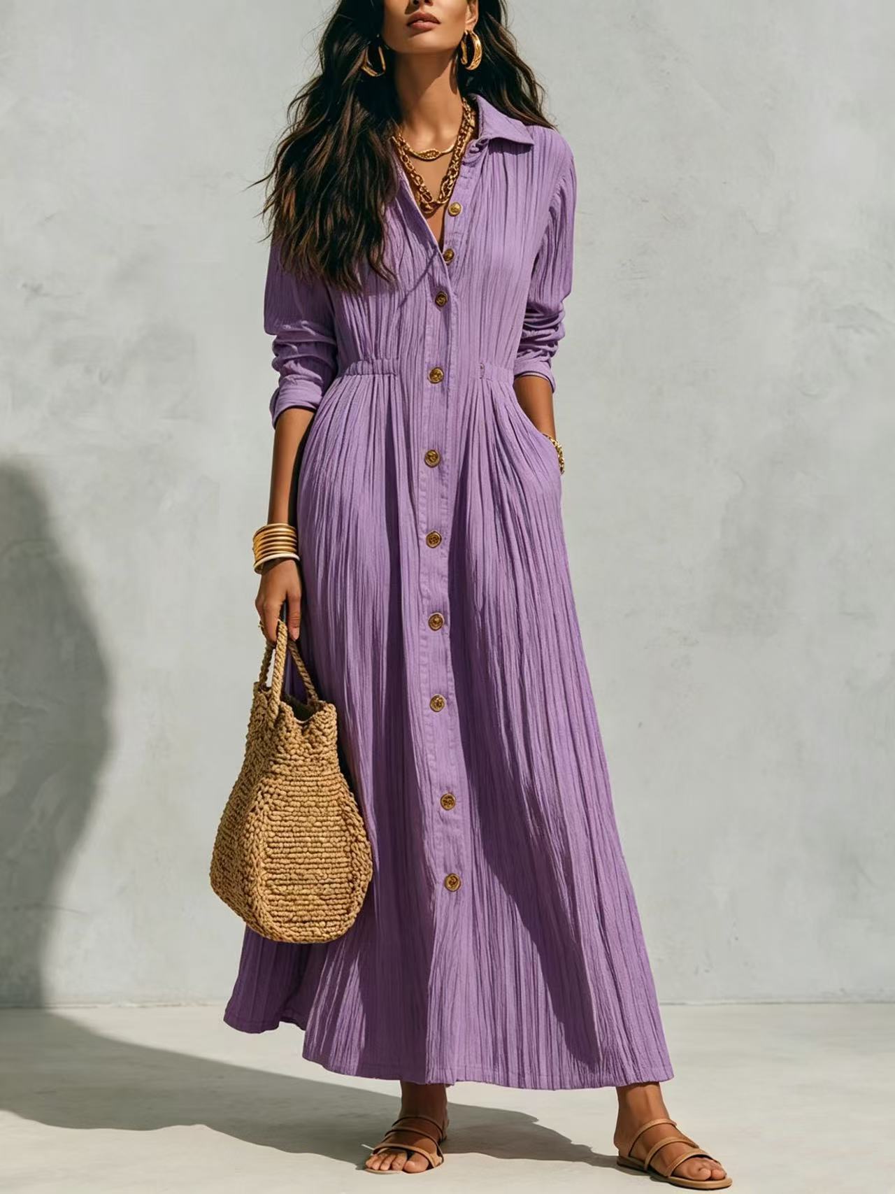 Single-Breasted Multi-Button Pleated Solid Color Long Sleeve Dress
