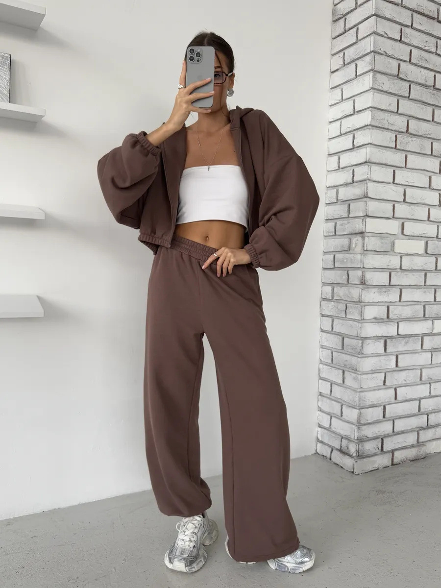 Women's Solid Color Zip-Up Hoodie and Jogger Pants 2-Piece Set
