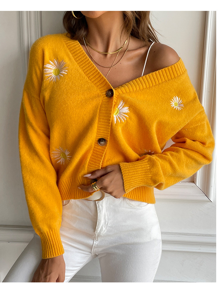 Daisy Embroidered V-Neck Cardigan Sweater