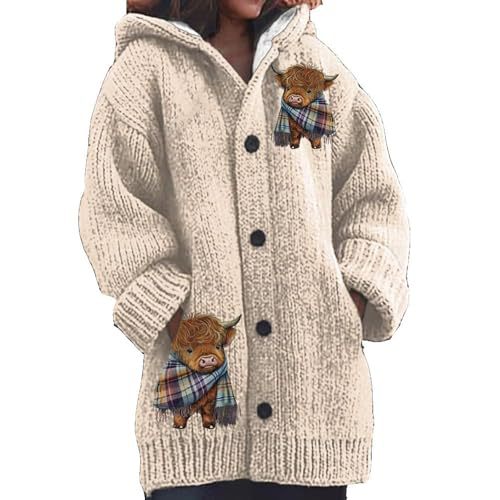 Women's Cartoon Cow Print Hooded Button Cardigan Sweater