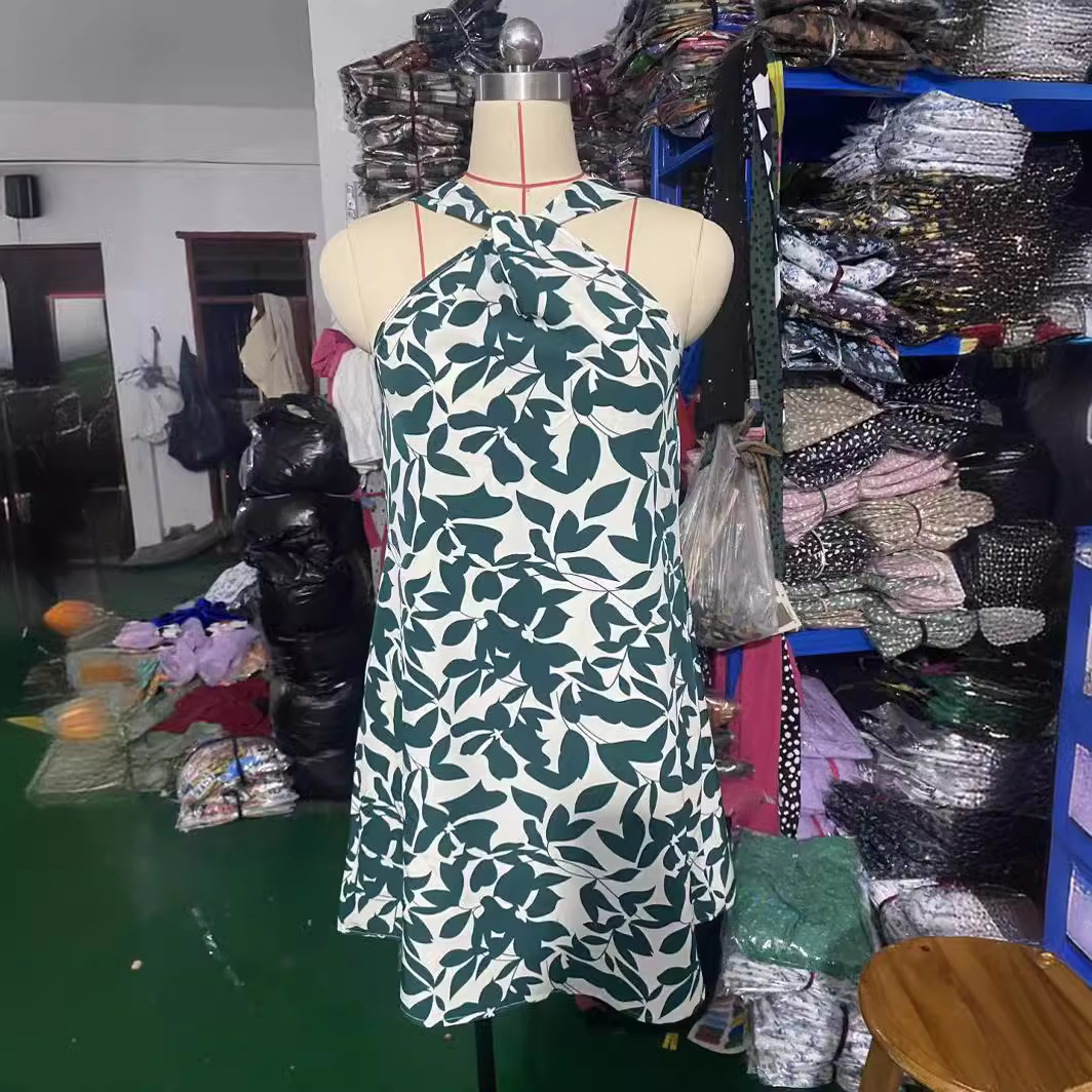 Printed Sleeveless Halter Backless Ruffle Midi Dress