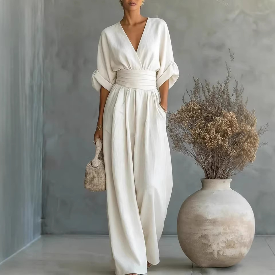 Elegant V-Neck High-Waist Wide-Leg Jumpsuit