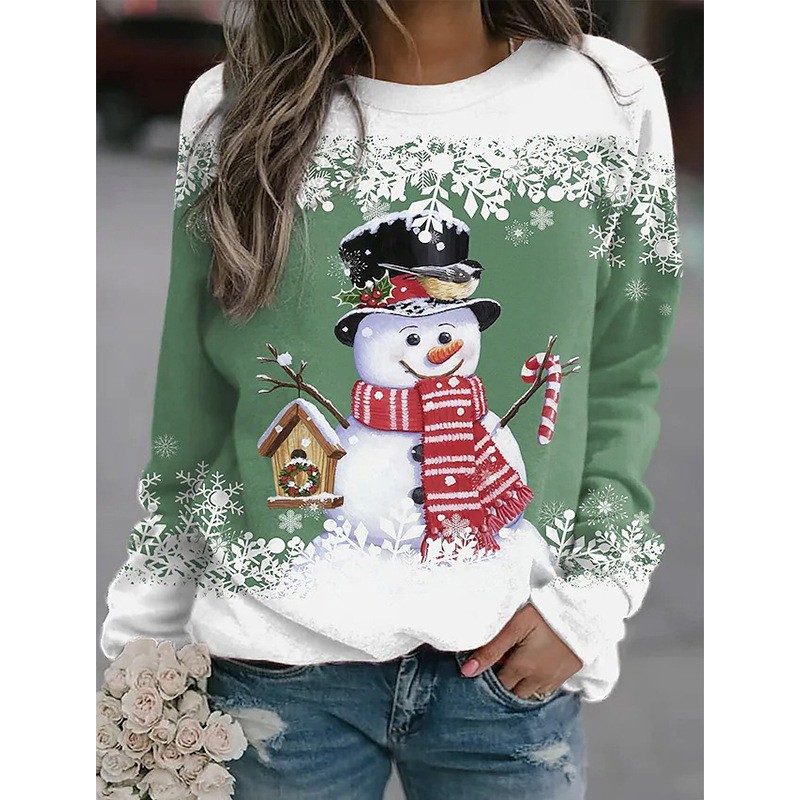 Women's Snowman Snowflake House Print Crewneck Sweatshirt
