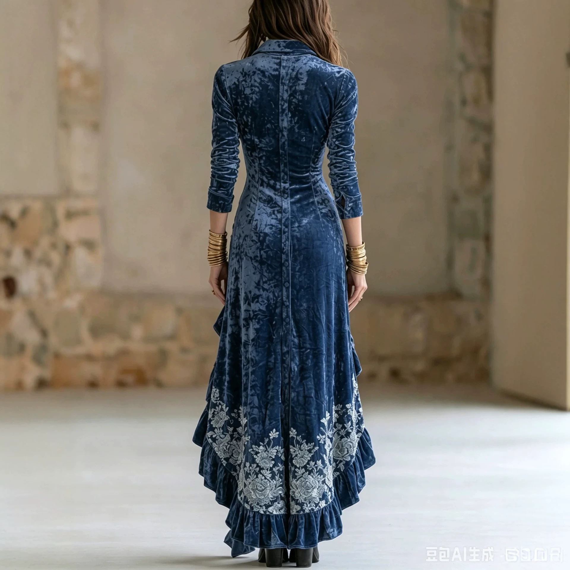 Retro Royal Blue Velvet Shirt Dress with Print, Ruffle Trim, and Slit