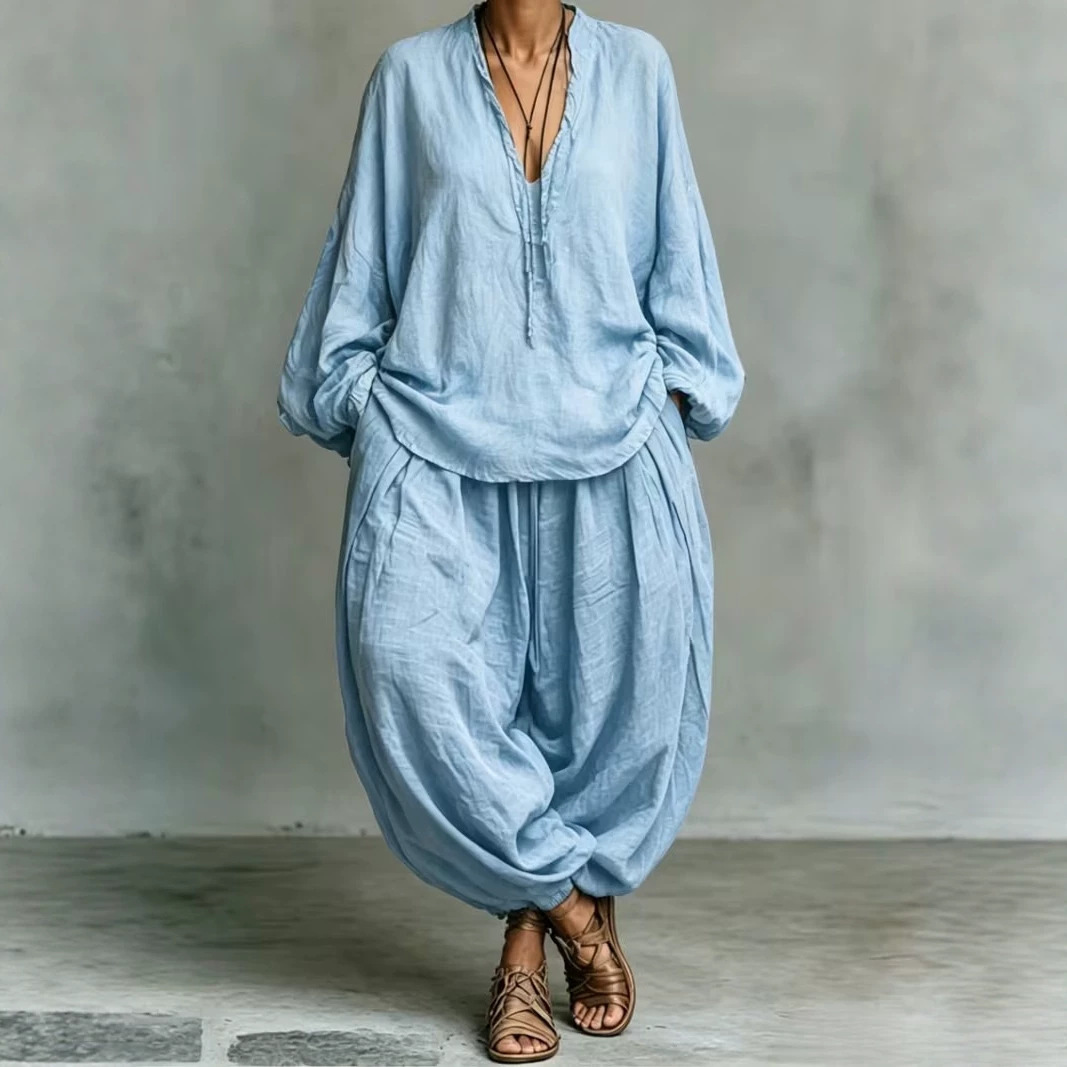 Retro V-Neck Lantern Sleeve Top and Pants Two-Piece Set