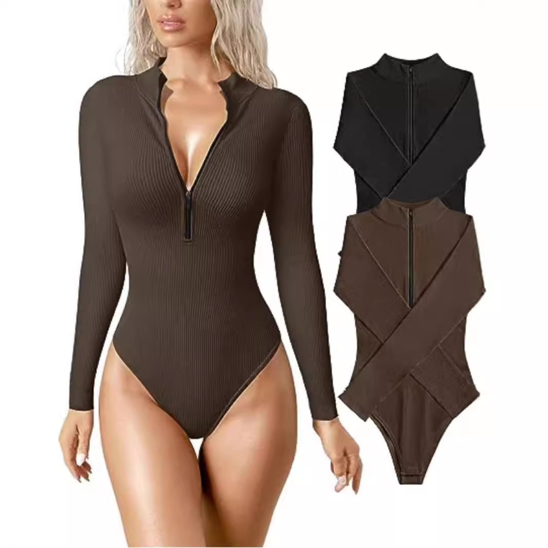 Women's Ribbed Long Sleeve Front Zip Bodysuit