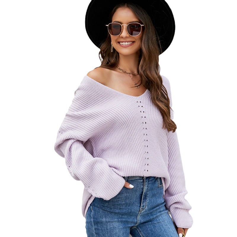 Women's V-Neck Pullover Sweater Loose Long-Sleeve Knit Top