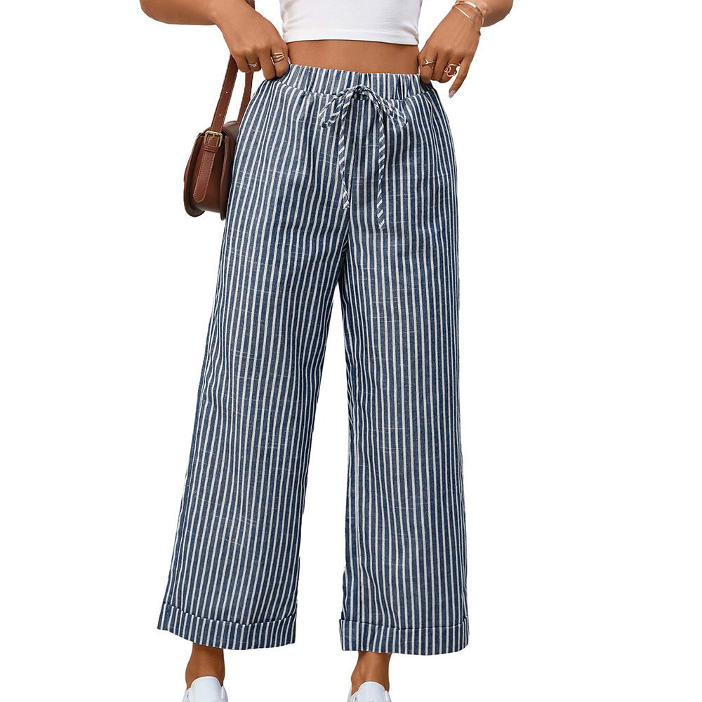 Striped High-Waist Cropped Casual Pants