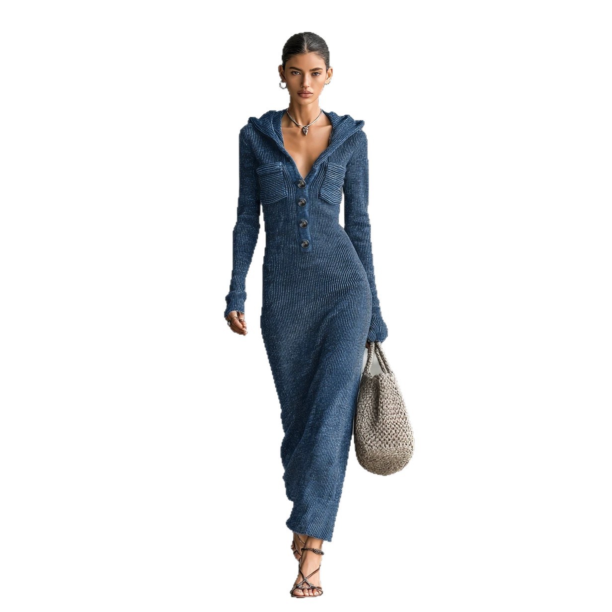Women's Slimming Half-Open Collar Hooded Knit Sweater Dress