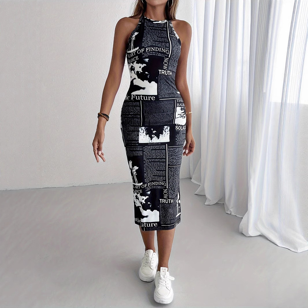 Newspaper Print Halter Bodycon Mini Dress
