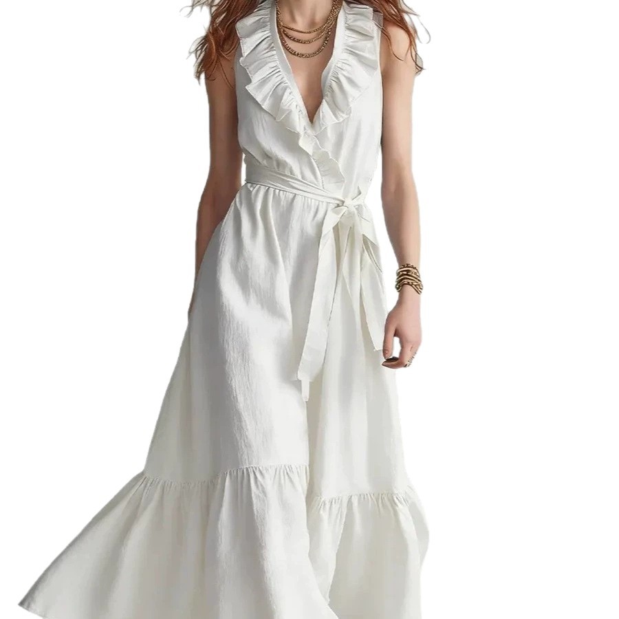 Solid V-Neck Sleeveless Lace-Up Ruffle Long Dress
