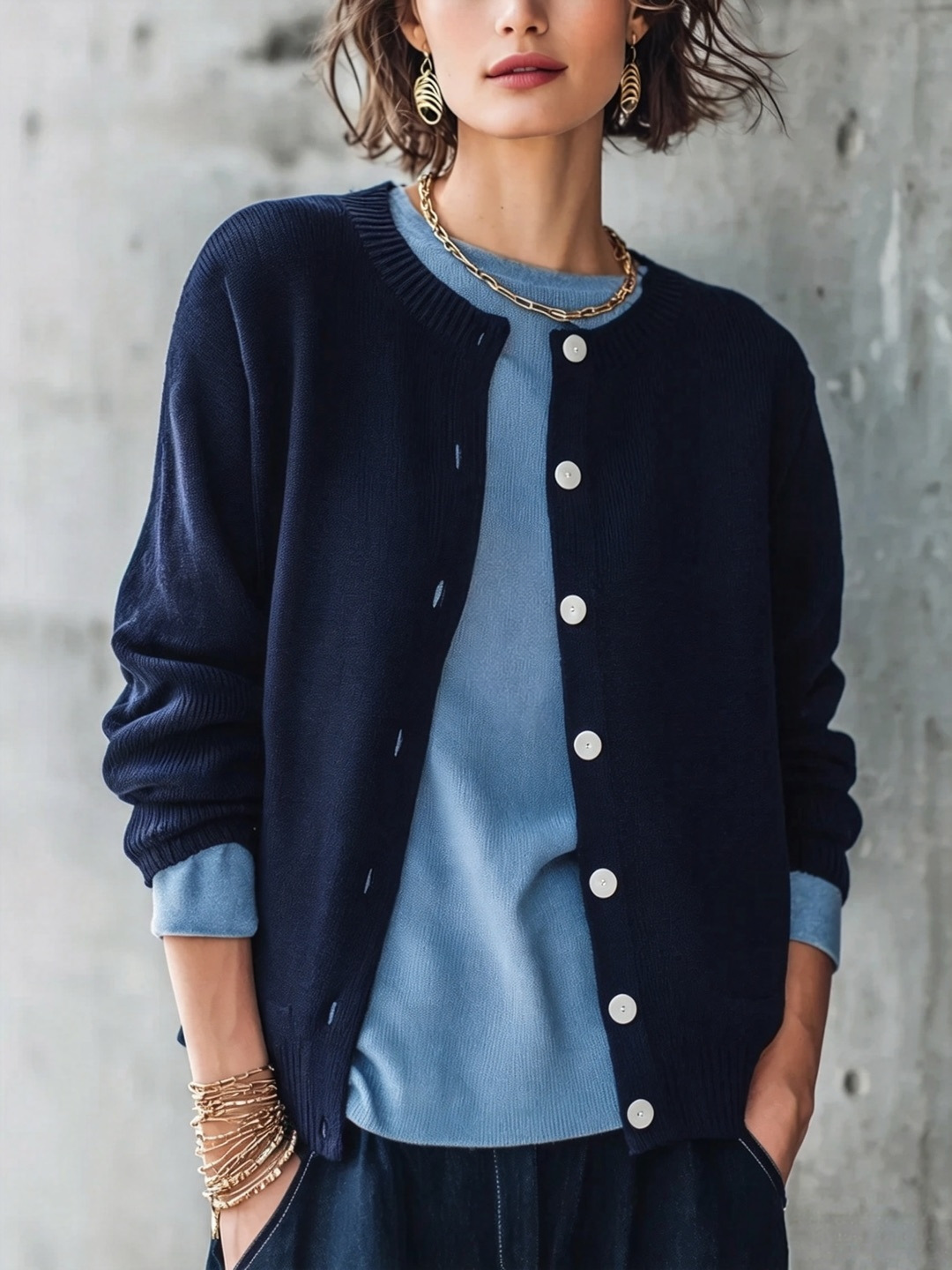 Women's Solid Crewneck Knit Cardigan Long Sleeve Button Casual Sweater Coat